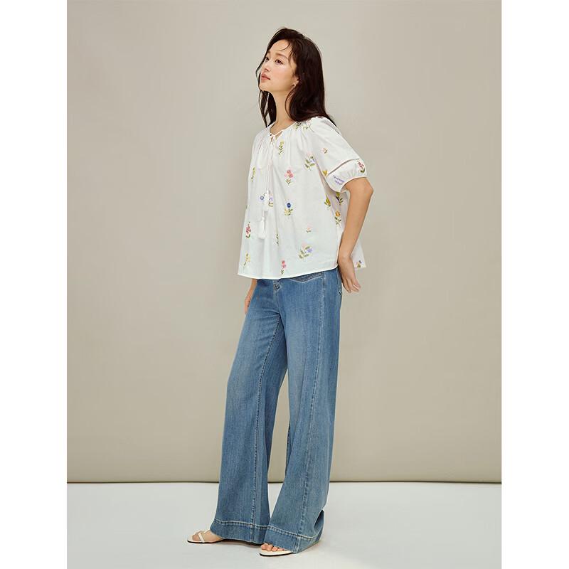 INMAN Women's French Floral Embroidered Puff Sleeve Blouse