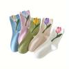 5 Pair Women's Cotton Socks with Floral Tulip Prints - Soft, Comfortable, and Stylish for Spring and Summer