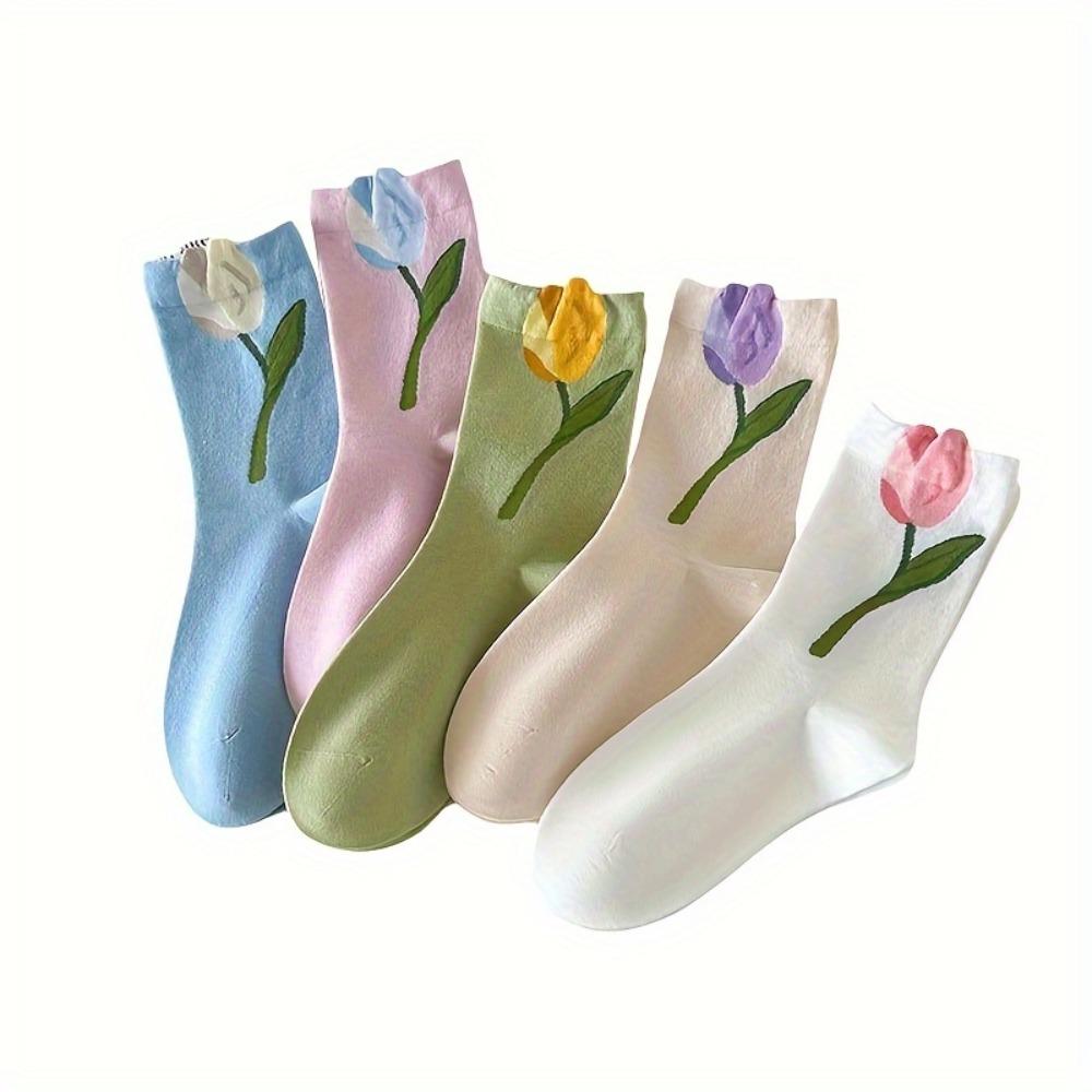 5 Pair Women's Cotton Socks with Floral Tulip Prints - Soft, Comfortable, and Stylish for Spring and Summer