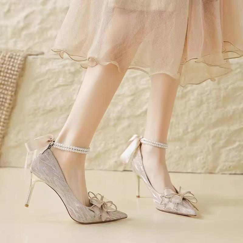 Bow High Heels Wedding Shoes Women's 2025 New Spring Bridesmaid Shoes Bride Shoes Stiletto Crystal Shoes French Single Shoes