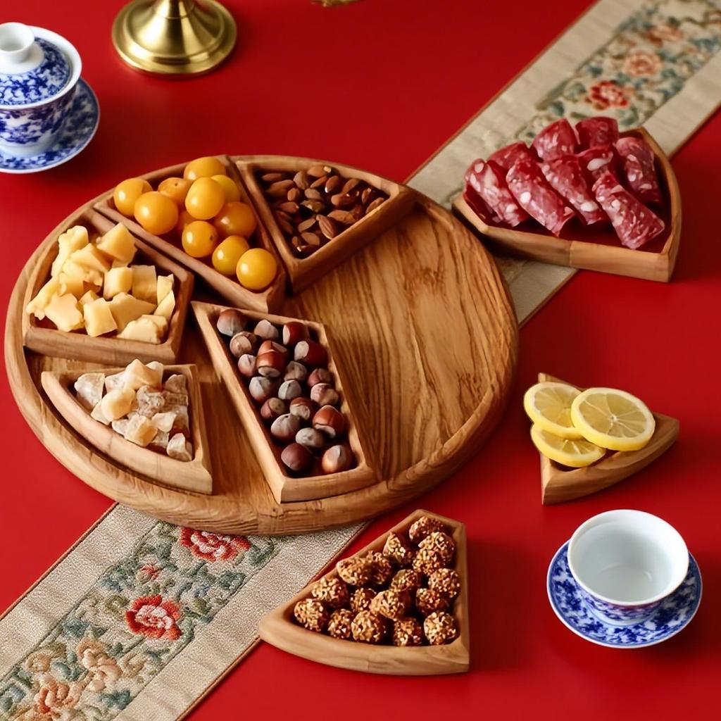 Round Food Serving Plate Large Serving Tray with 8 Removable Compartments Wooden Platter Charcuterie Board Snack Deseert Tray