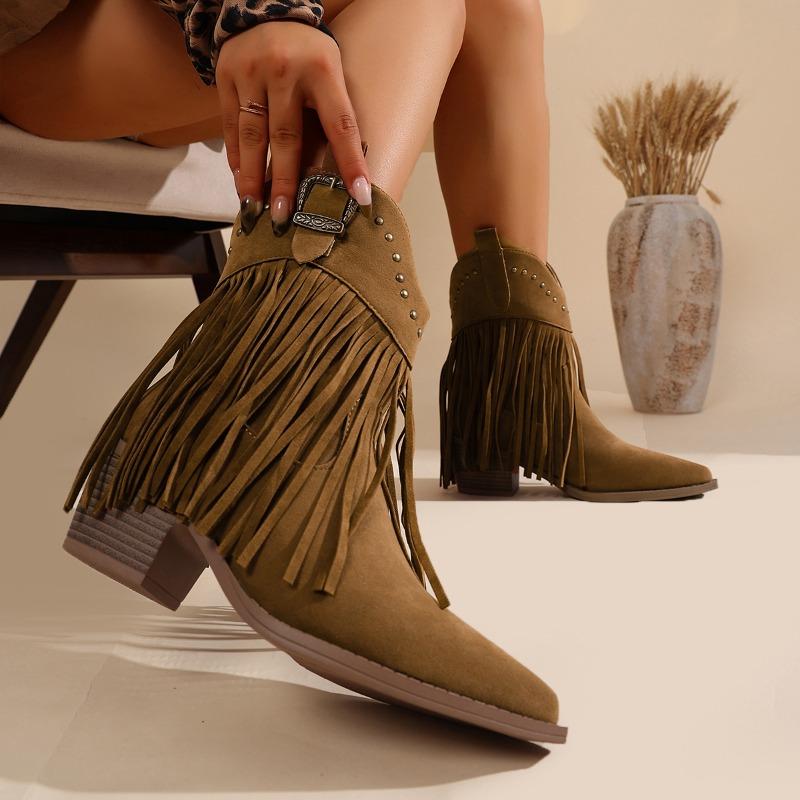 Large size short boots women's autumn new rivet western thick heel fringed boots pointed short boots