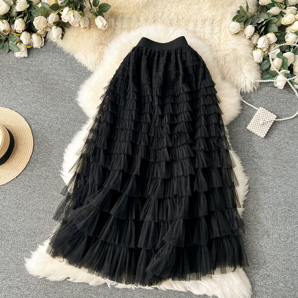 Summer Women Elegant Ruffles Mesh Elstic Waist Long Midi Cake Skirt