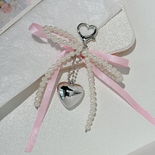 French Ribbon Pearl Bow Style Bag Charm Versatile Keychain Pendant Heart Drop for Schoolgirl Kawaii Key Holder Cute Accessory