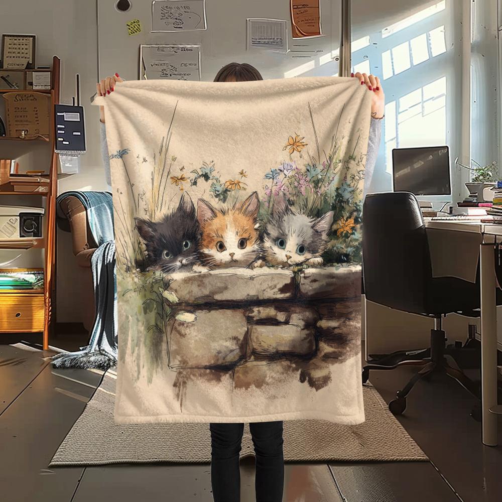 Peeking Cats Print Flannel Blanket, High quality Comfortable for All Seasons, Home Decor, Warmth and Comfort
