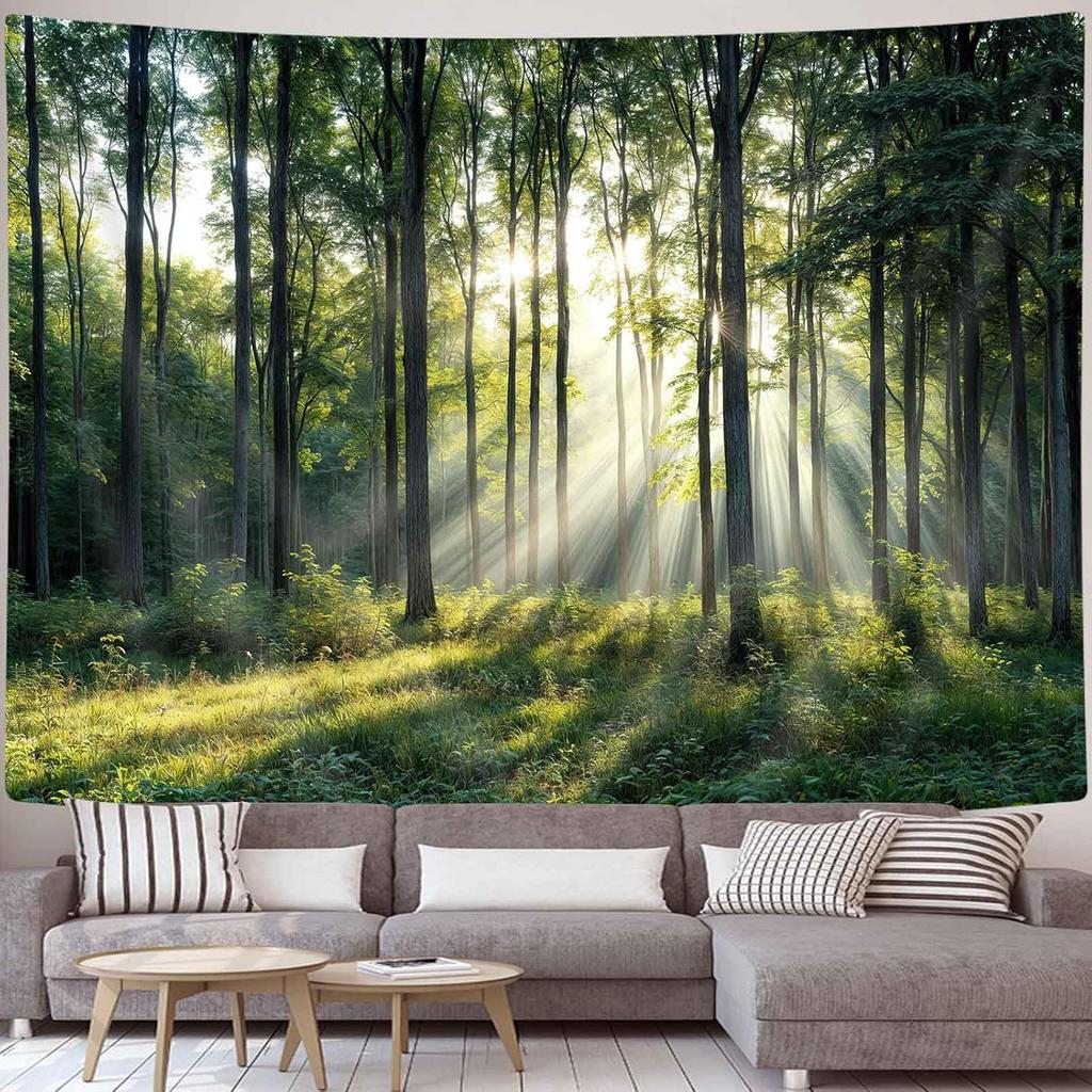 Sunbeam Forest Tapestry, Lush Green Woodland Nature Landscape Print Wall Hanging for Bedroom Living Room Dorm Apartment Decor