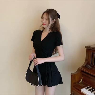 Temperament Fishtail Short Skirt Women's Summer New Waist and Thin V-neck Design Sense Niche Black Dress