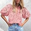 Women Tops V-Neck Puff Short Sleeves Hollow Out Crochet Shirt Solid Color Loose Fit Blouse Outdoor Leisure Wear