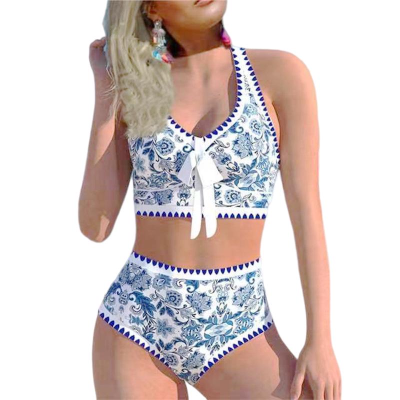 

Европейский сине-белый фарфоровый принт, раздельный купальник без спинки XL