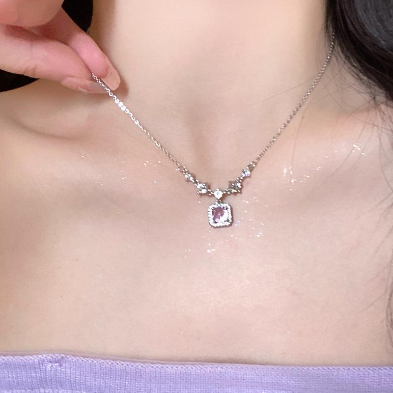 S925 Silver Zircon Clavicle Necklace with Sugar Cube Pendant - Luxury Jewelry for Girls