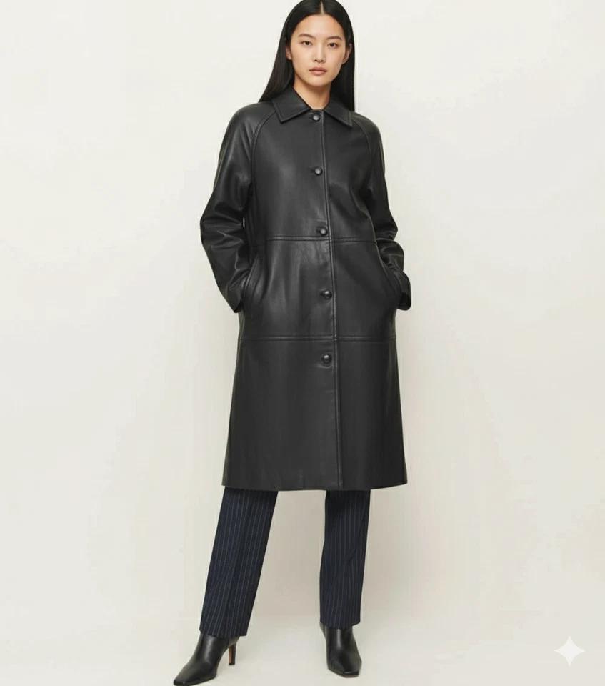 Women's Coat Trench Black Lambskin Party Leather Casual Handmade Stylish Genuine