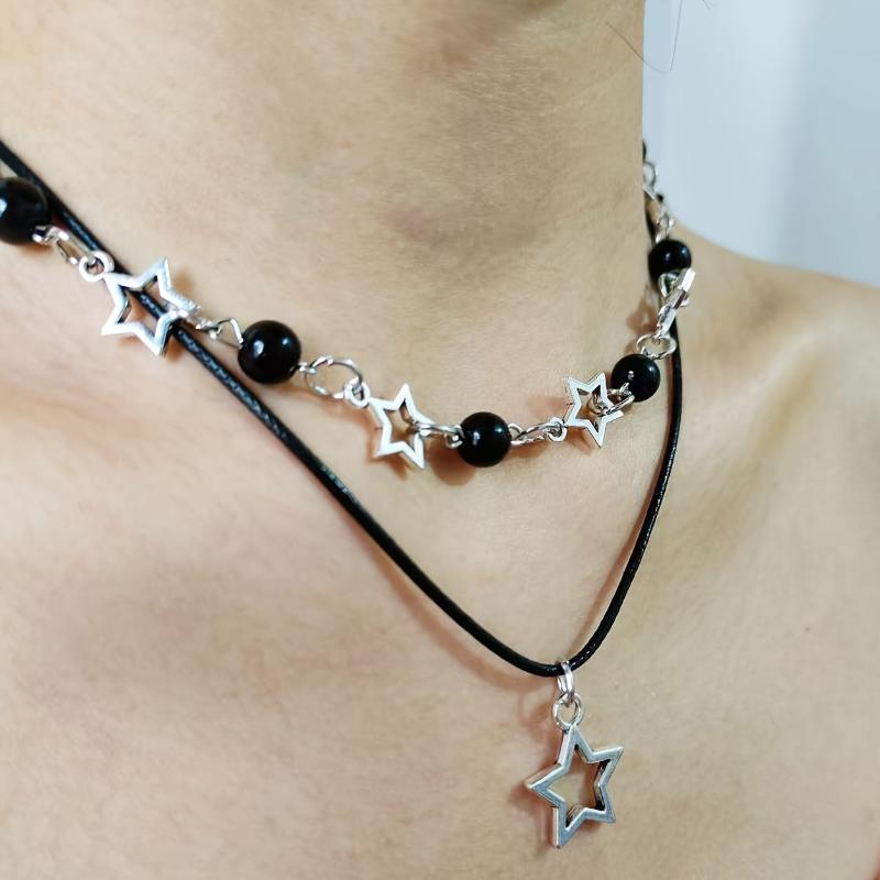 Dvouvrstvý černý korálkový hvězdicový choker náhrdelník Punk pentagram kožené šňůrky Náhrdelníky pro ženy dívky