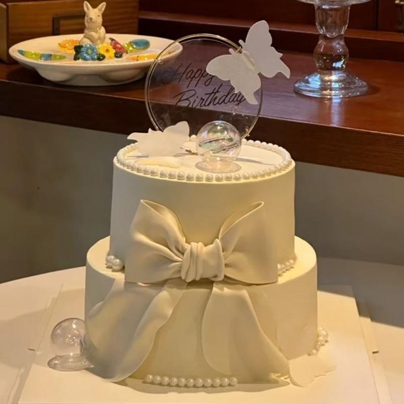 Double Layer Bow Simulation Birthday Cake Model Ornaments Fake Cake Mold Plastic Decoration Window Sample Display Shooting Props