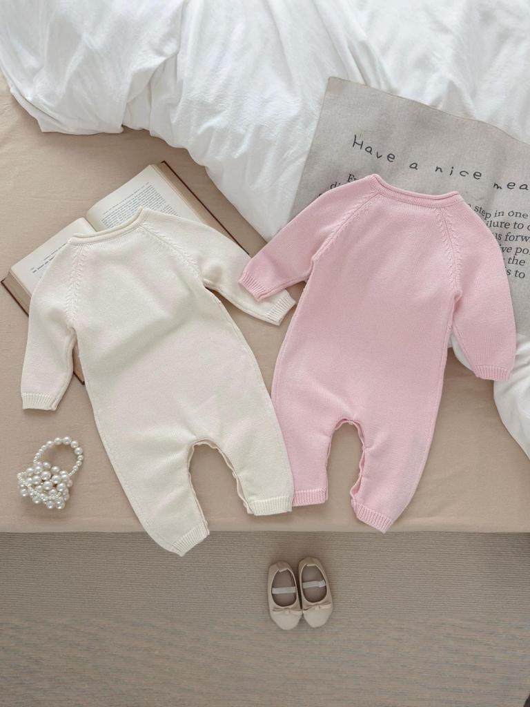 Girls' 100% Cotton Long-Sleeve Bodysuit - Korean Style Knit for Spring/Autumn