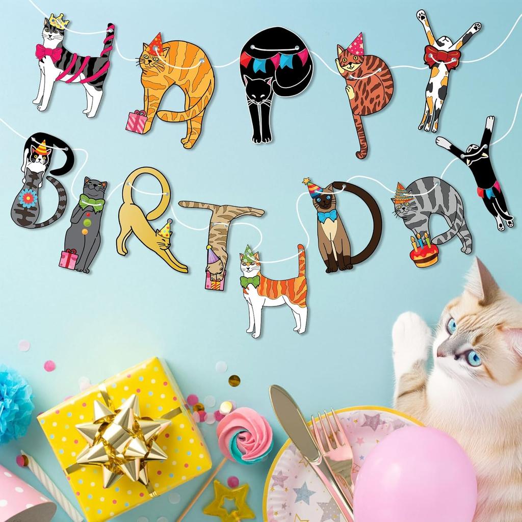 Cat Birthday Garland, Cat-Themed "Happy Birthday" Banner - Colorful and Fun Party Decoration for Kitten Lovers - Funny Kittens Garland