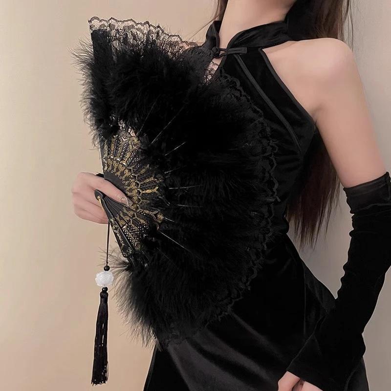 1PC Dance Hand Fan Party Decoration with Pendant Gothic Court Feather Lace Vintage Lolita Folding Fan
