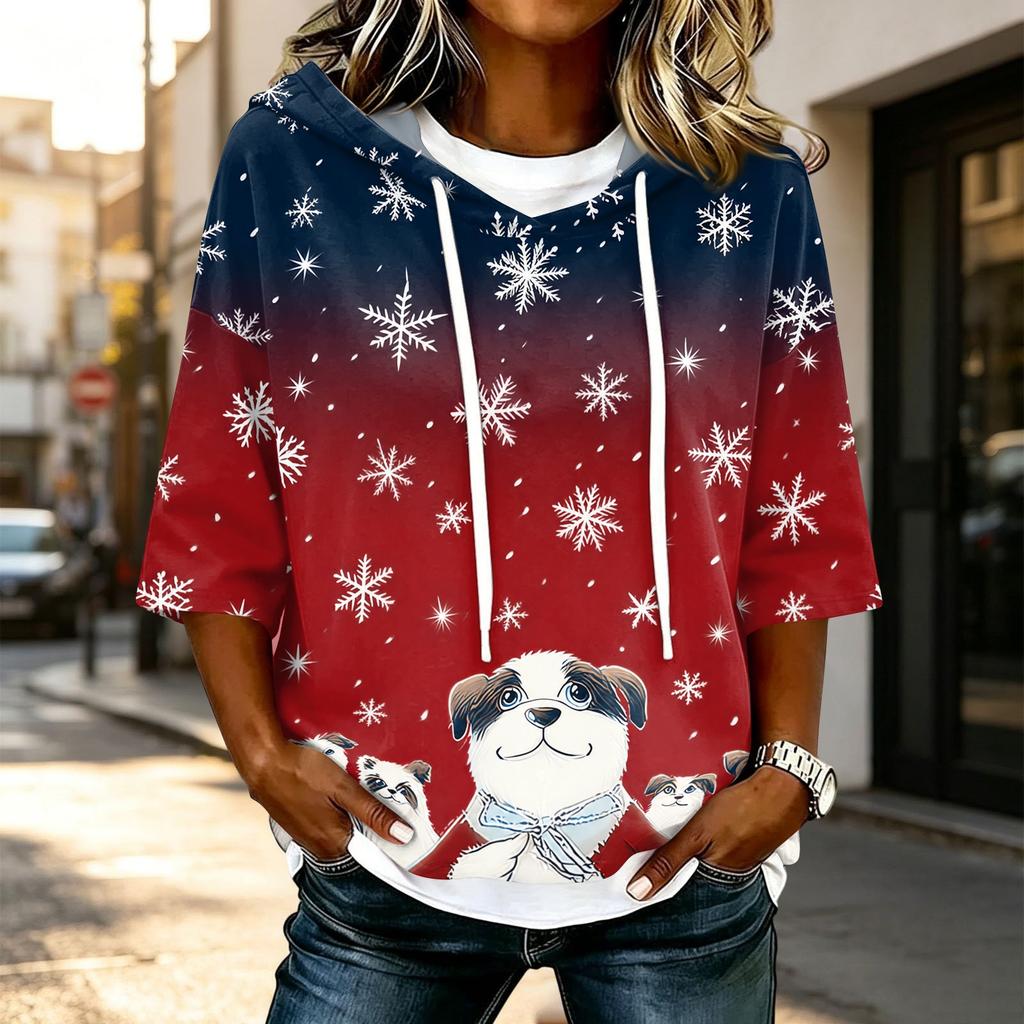 Women's Casual 3/4 Sleeve Hooded Christmas T-Shirt for Holiday Parties and Everyday Wear