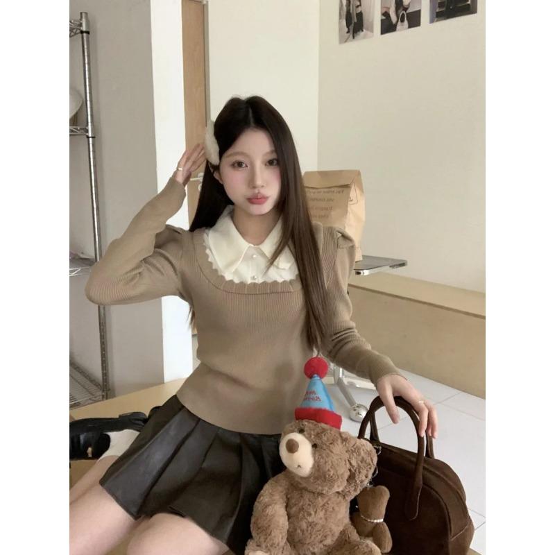 Baby-Puppenkragen Kontrastfarbe Pullover Frühling Damen Fake Zweiteiler Gespleißt Puffärmel Unterhemd Schickes Oberteil