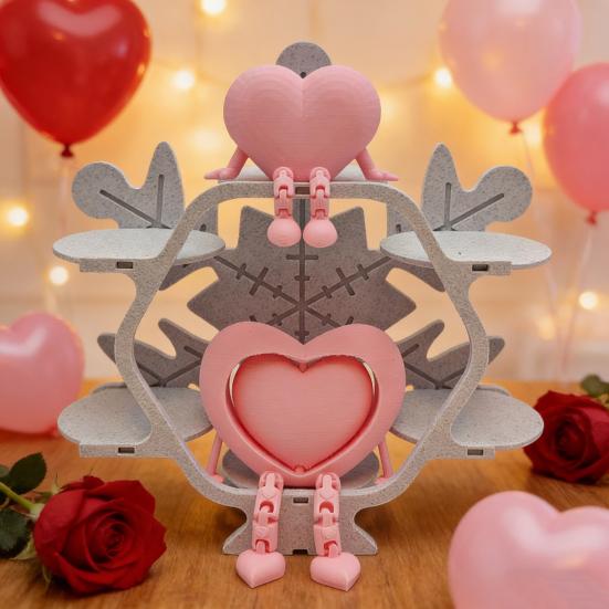 3 Pcs 3D Printed Valentine's Day Decoration Articulated Pink Heart Rose Figurine with Flexible Legs for Office Home Shelf Decor Lovers