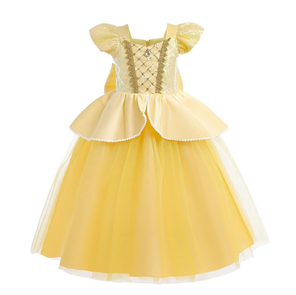 [Dressy Daisy] Toddler Girl Belle Costume Princess Costume Kids Skirt Golden Princess Story Dress Halloween Costume Yellow Size 5-6 years 115