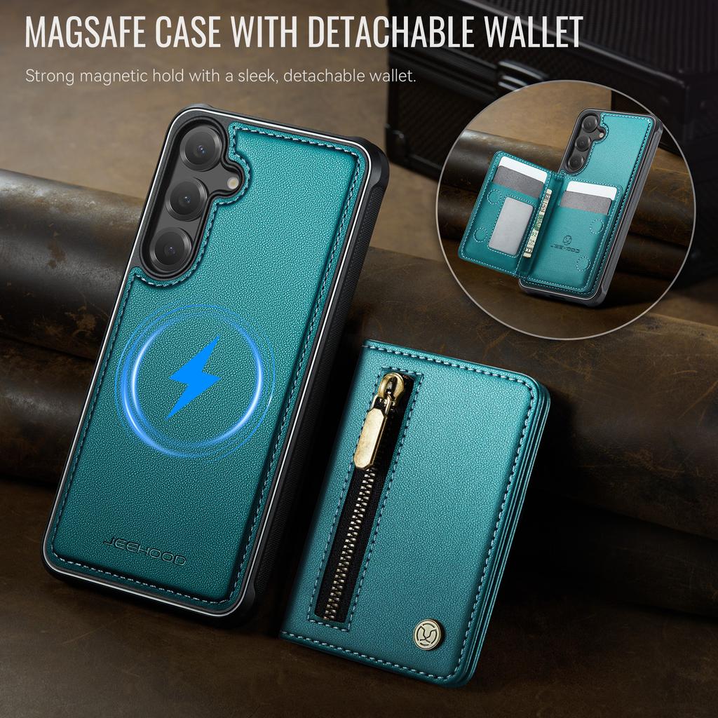 For Samsung Galaxy S24 Case JEEHOOD J12 Magnetic Detachable Zipper Wallet Kickstand Leather Back Cover Magnetic Case