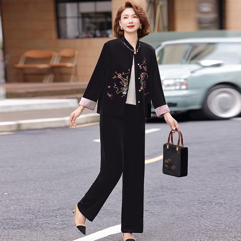 Golden Velvet Two-Piece Suit for Women Aged 40-60 
