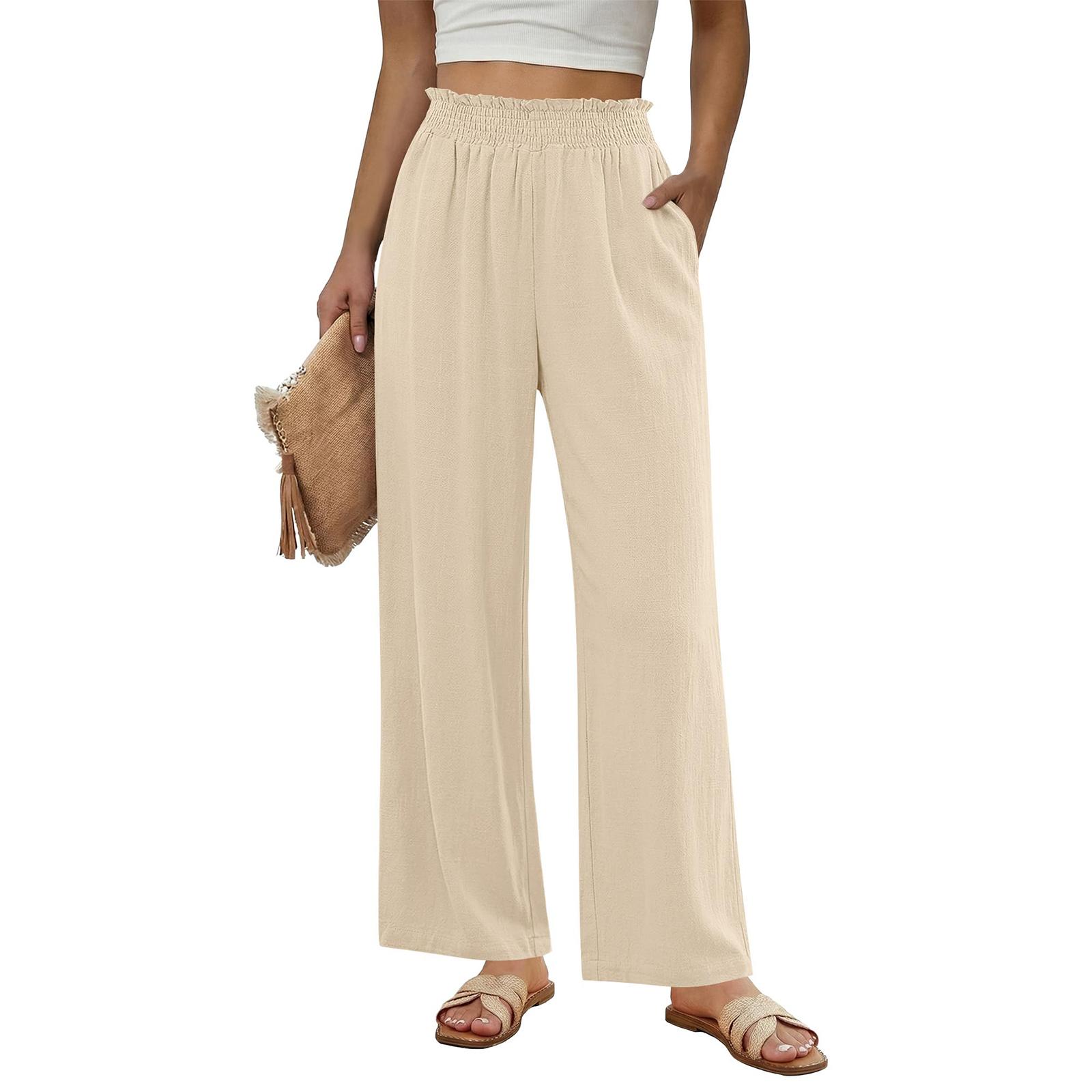 

Women s Wide-Leg Long Casual Pants: Cotton-Linen Blend With Waistband And Pockets XL хакі