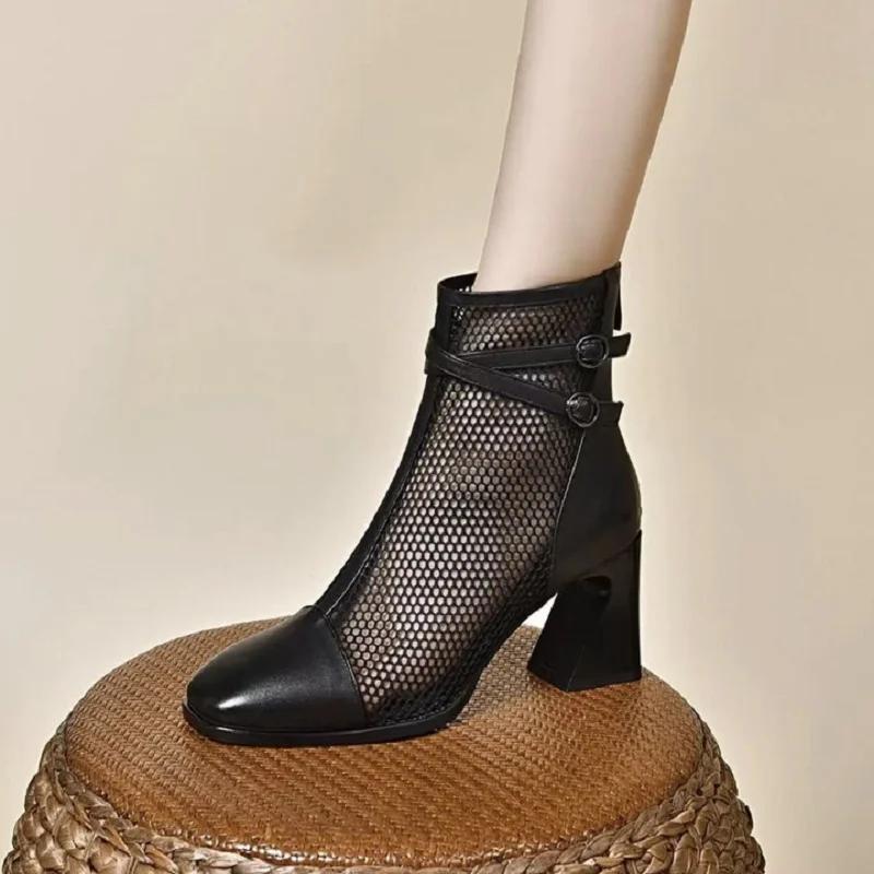 2026 Summer Fashion Women's Hollow-out Mesh Short Boots - Patent Leather Pointed Toe Chunky Heel Breathable Shoes