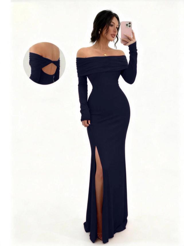 2025 Elegant One-Shoulder Long-Sleeve Slit Slim-Fit Dress
