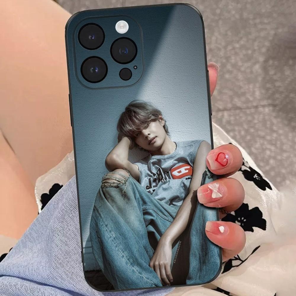 Singer Kim T-Tae H-Hyung V Phone Case For iPhone 15,14,13,12,11 Plus,Pro,Max,XR,XS,X,7,8 Plus,SE,Mini Soft Black Cover