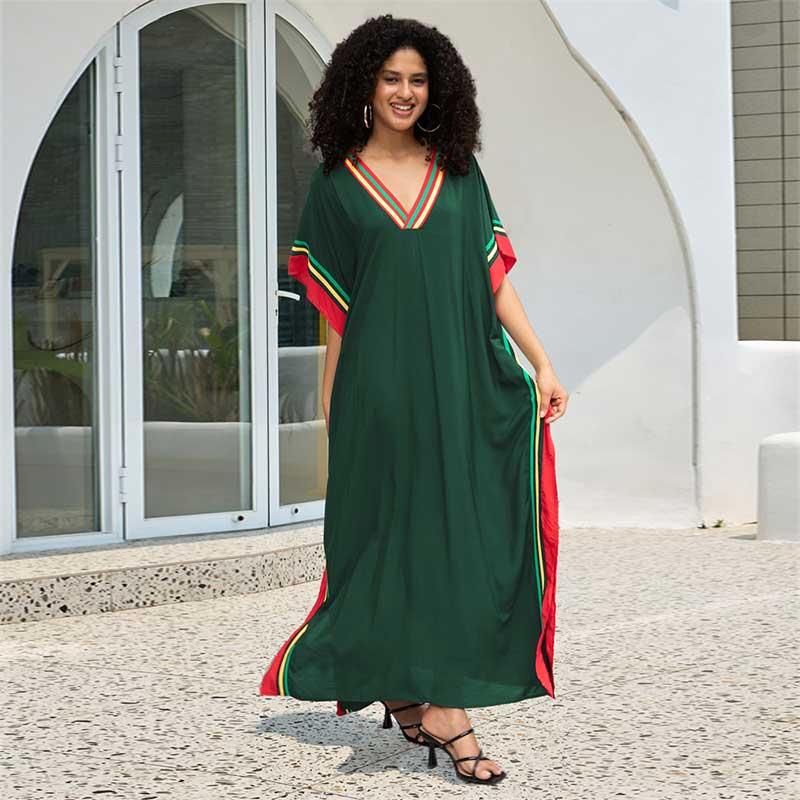 EDOLYNSA Dark Green Printed Relaxed Kaftan Women's Robe Kaftan Outfit Vacation Boho Swimsuit Cover-up Caftan Homewear House Dress Q1615