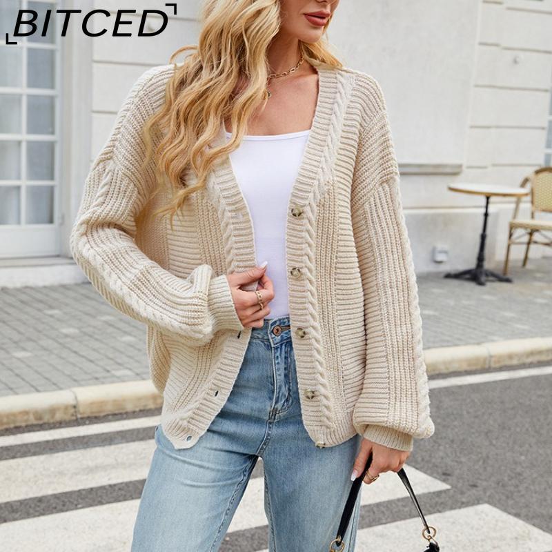 BITCED Relaxed-Fit Oversized Cardigan Autumn/Winter Long-Sleeved V-Neck Cable-Knit Sweater