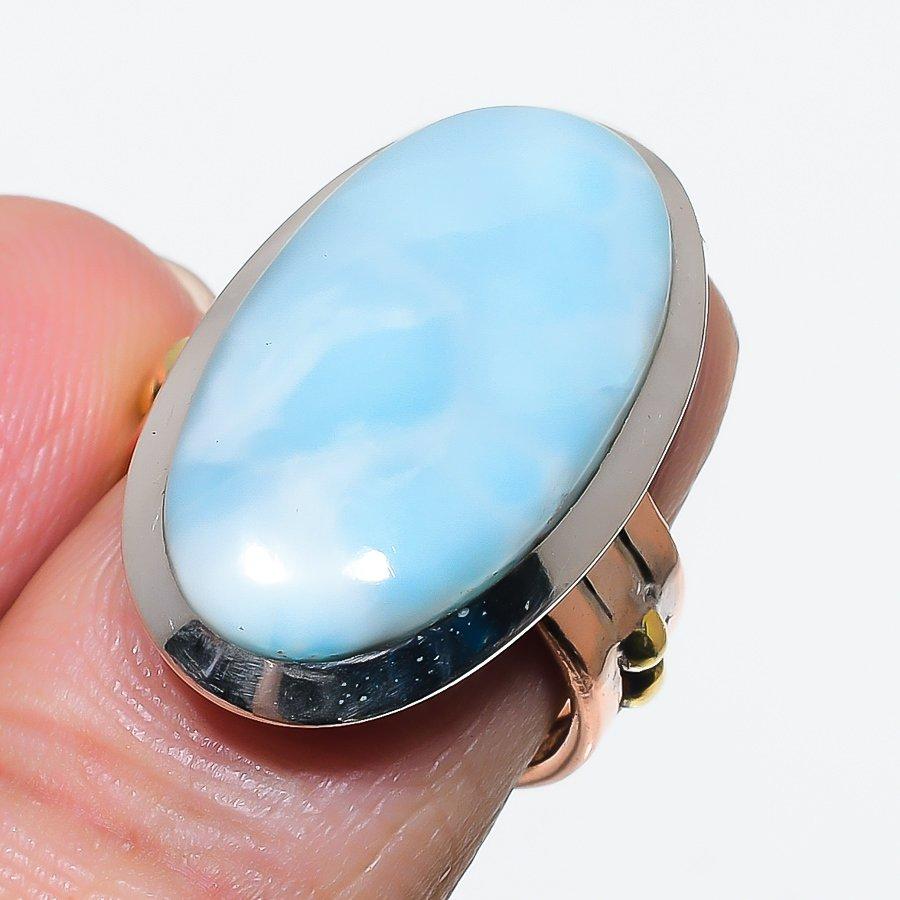 Natural Larimar Gemstone 925 Solid Sterling Silver TwoTone Gift Ring S.7 L3q92
