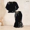 Women Plus Size Two Piece Set Round Neck Batwing Sleeve Printed Ruffle Hem Top Fishtail Skirt Dark Green Black