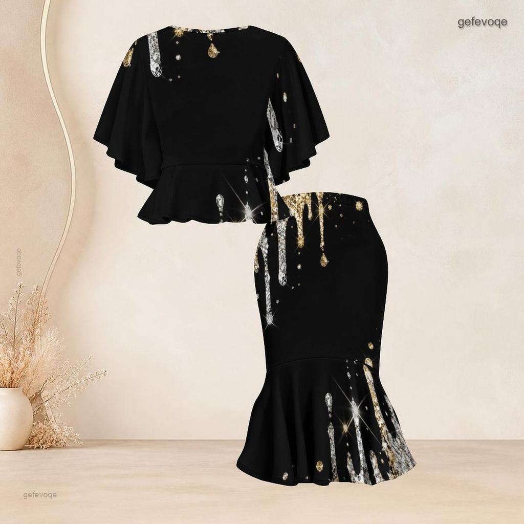 Women Plus Size Two Piece Set Round Neck Batwing Sleeve Printed Ruffle Hem Top Fishtail Skirt Dark Green Black