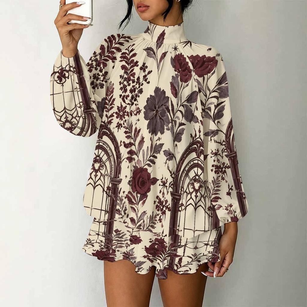 Women's 3D Halloween Motif Print Mock Neck Long Sleeve Dress, Raglan Sleeve Fake Two Piece Mini Dress