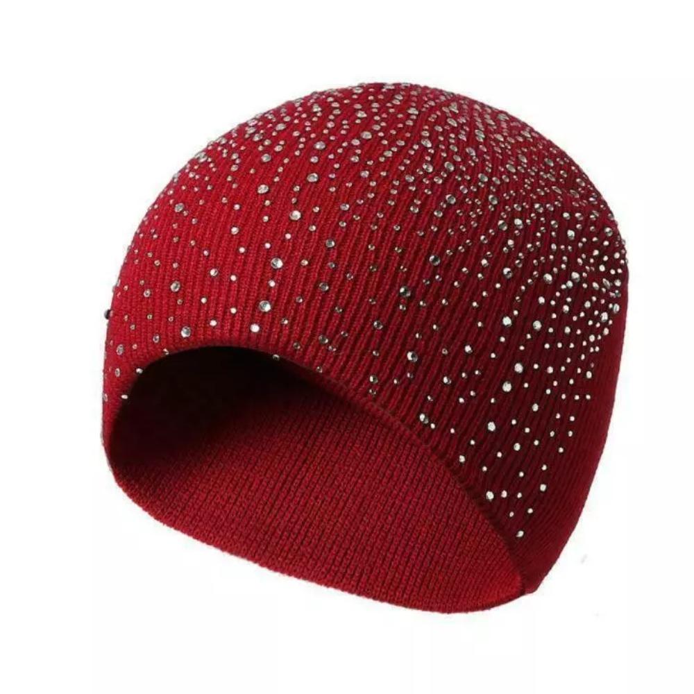 Rhinestone Decor Warm Winter Hat Stretchy Fit Winter Knitted Cap Outdoor Streetwear