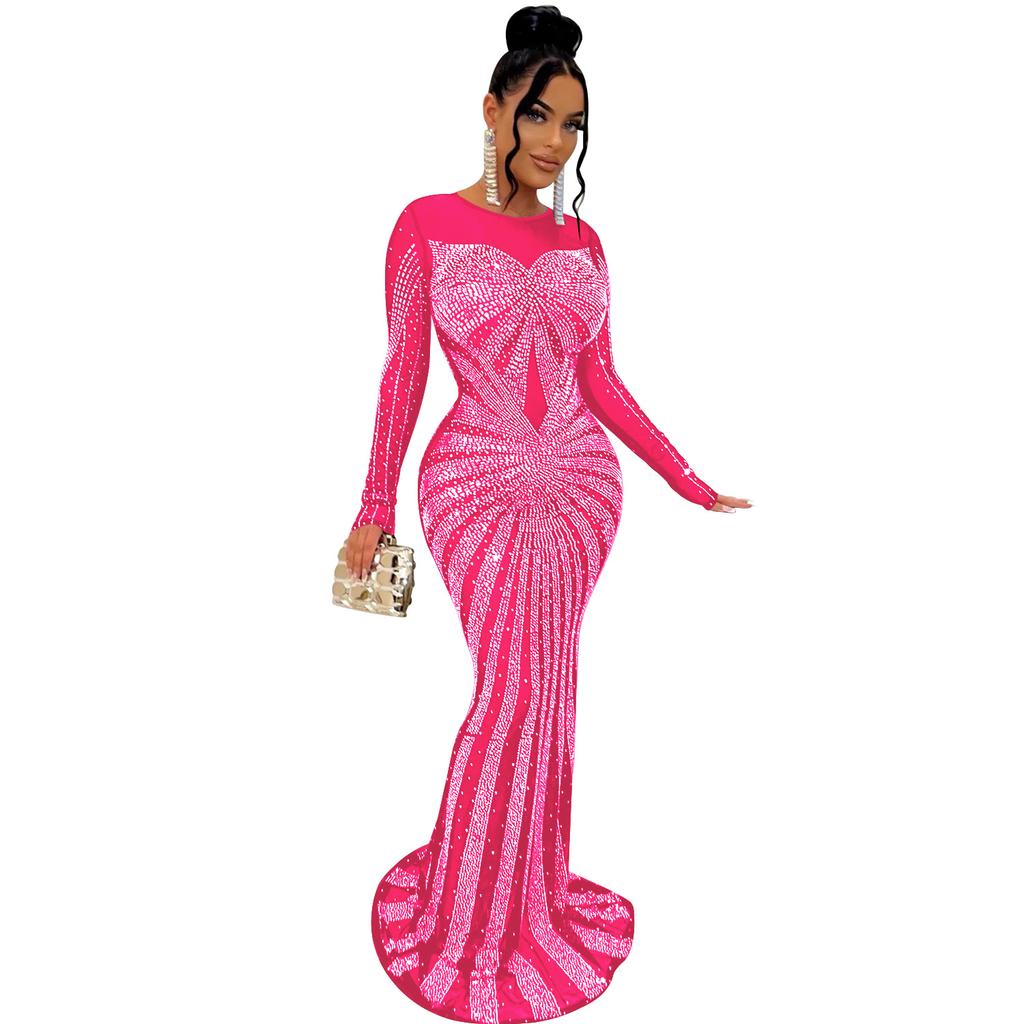 Vestido de noche Vestido largo de manga larga con diamantes de imitación transparentes de malla de color sólido para mujer a la moda