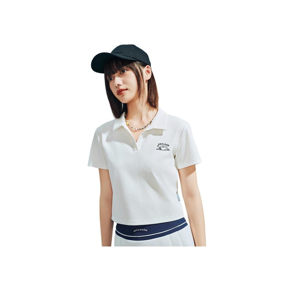 Anta X Seal Look Collaboration Life Series Comfortable Simple Short Versatile Slim Fit Letter V-Neck Short Sleeve Polo Shirt Women Tops 962528114-1