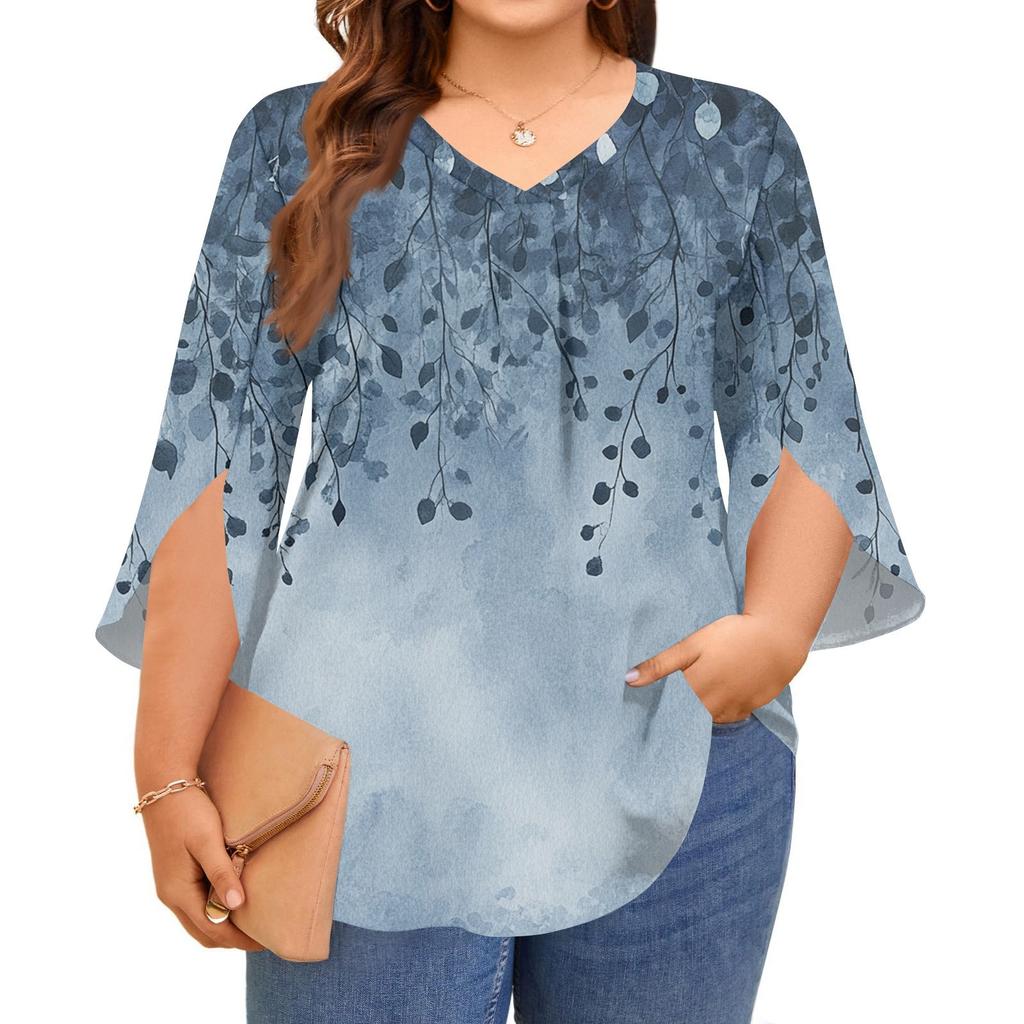 Women's Prined V-neck Plus Size Tops 3/4 Sleeves Elegant Shirt Tops