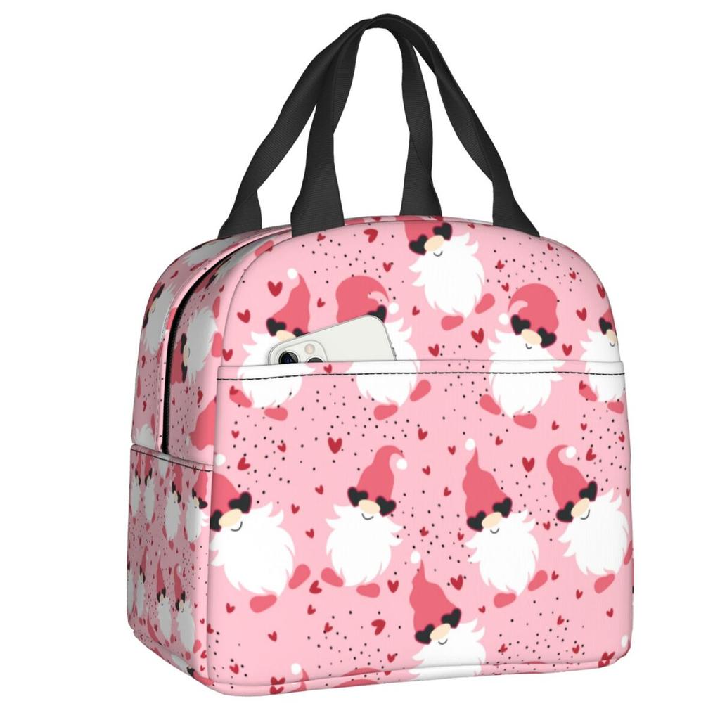Custom Pink Gnome In Love Hearts Pattern Insulated Lunch Bags for Women Day Gift Resuable Cooler Thermal Food Lunch Box