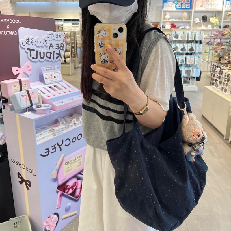 Korean polka dot canvas bag, new lazy style casual versatile commuter cloth bag single shoulder tote bag large capacity