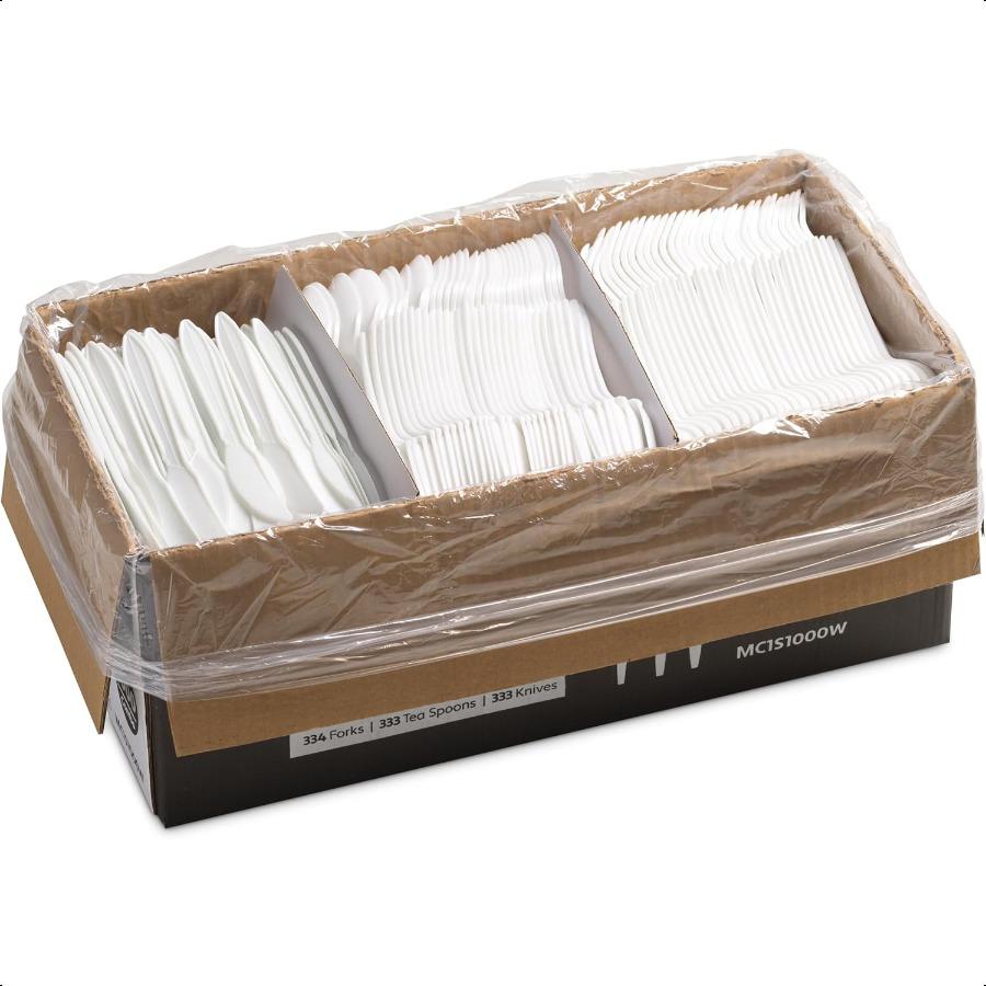 

Набор столовых приборов 1000 штук, белый, серебристый, 334 пластиковые вилки, 333 ложки, 333 ножа, средней плотности, не содержит БФА, одноразовый пластиковый набор столовых приборов B United States