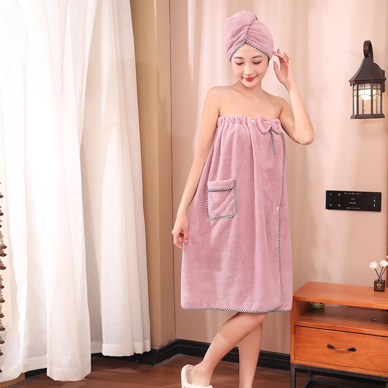 Plush Coral Fleece Bathrobe & Quick-Dry Cap Set - Absorbent & Ideal for Home, 2-Piece Bath & Hair Towel