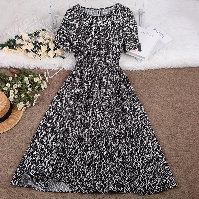 

Summer Ladies Round Neck Dress Women s Floral Temperament Waist Printed Long Skirt Loose Casual Short-sleeved Dress L чорний