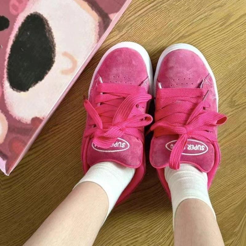 Women Rose Red Trendy Sneakers Pure Color Lace-up Thick-soled Casual Shoes Round Toe Women Board Shoes Non-slip Women Shoes