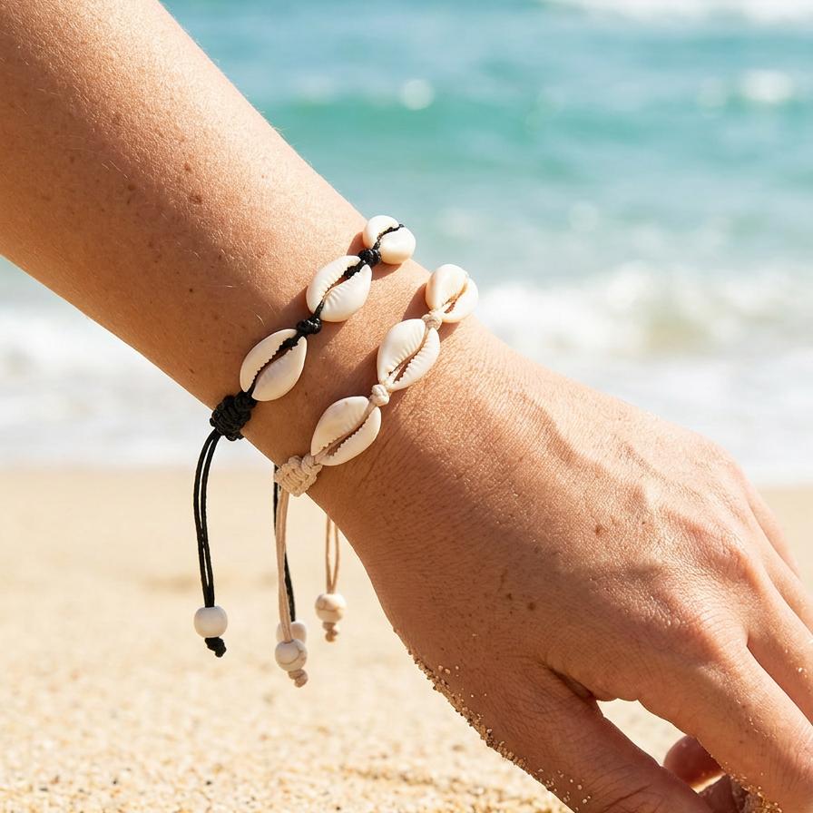 Bracciale Bohemien con Conchiglie per Donna Corda Nera Bianca Intrecciata Catena Regolabile Bangle Estivo da Spiaggia Gioiello Regalo