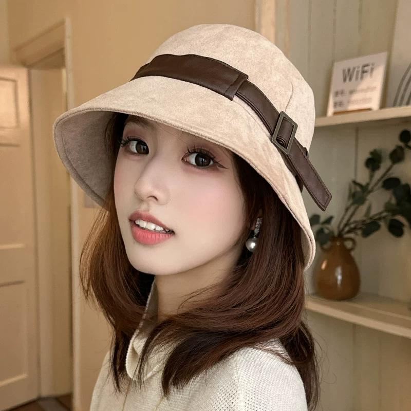 Retro Suede Basin Hat Women's Autumn and Winter Retro Leather Buckle Bucket Hat Shows Small Face Deepened Thickened Plain Sun Hat