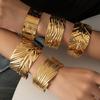 European Style 18K Gold Plated Titanium Steel Open Cuff Bracelet, Adjustable Exaggerated Fashion Hip Hop Design.