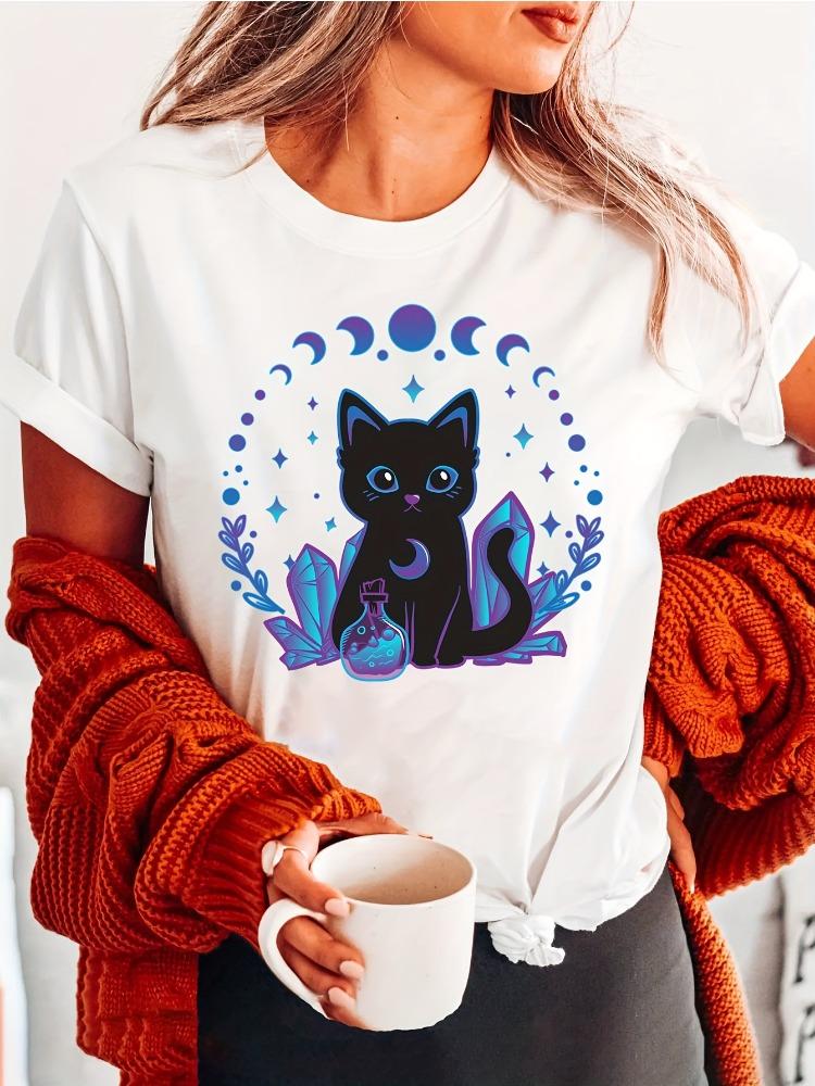 

Cute Crystal Black Cat Fashion Cotton Letter Print TShirt Women ShortSleeve Crew Neck Casual Top SpringSummerFall Seasonal Top S